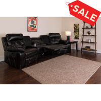 Flash Furniture BT-70530-3-BK-CV-GG Real Comfort Series 3-Seat Reclining Black Leather Theater Seating Unit with Curved Cup Holders
